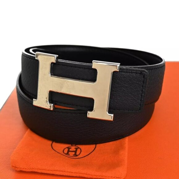 HERMES H Logo Constance Reversible Buckle Belt #75 Leather Navy Blue BK 70RH302 - Picture 1 of 11